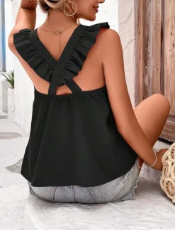New Women's Camisole Tank Top Solid Color Stylish Casual Sleeveless Crew Neck Regular Tops Daily Ruffle Backless Black Pink Red Sky Blue Orange Summer Spring Women Tank Tops & Camis|Shirts