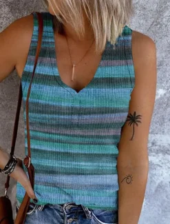 Best Women's Camisole Tank Top Going Out Tops Basic Striped Buttons Print Sleeveless Regular Tops V Neck Casual Pink Blue Purple Khaki Women Tank Tops & Camis