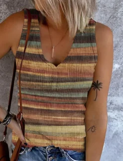 Best Women's Camisole Tank Top Going Out Tops Basic Striped Buttons Print Sleeveless Regular Tops V Neck Casual Pink Blue Purple Khaki Women Tank Tops & Camis