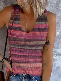 Best Women's Camisole Tank Top Going Out Tops Basic Striped Buttons Print Sleeveless Regular Tops V Neck Casual Pink Blue Purple Khaki Women Tank Tops & Camis
