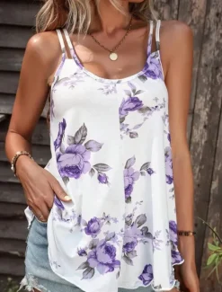 Clearance Women's Camisole Tank Top Casual Floral Print Sleeveless Regular Tops U Neck Vacation Daily Red Blue Purple Summer Women Spring Tops|Tank Tops & Camis