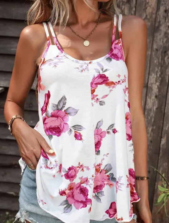 Clearance Women's Camisole Tank Top Casual Floral Print Sleeveless Regular Tops U Neck Vacation Daily Red Blue Purple Summer Women Spring Tops|Tank Tops & Camis
