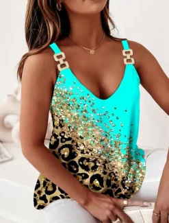 New Women's Camisole Tank Top Basic Neon & Bright Print Sleeveless Regular Tops V Neck Holiday White Green Women Tank Tops & Camis