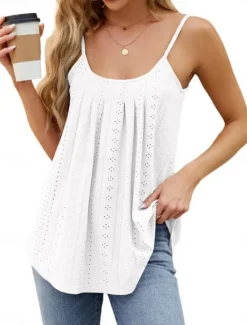 Outlet Women's Camisole Tank Top Solid Color Stylish Casual Sleeveless Strap Regular Tops Daily Eyelet Black White Blue Summer Women Tank Tops & Camis