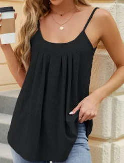 Outlet Women's Camisole Tank Top Solid Color Stylish Casual Sleeveless Strap Regular Tops Daily Eyelet Black White Blue Summer Women Tank Tops & Camis