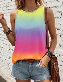 Sale Women's Camisole Tank Top Vest Stylish Ombre Print Sleeveless Regular Tops Crew Neck Vacation Casual Pink Sky Blue Khaki Rainbow Summer Women Tank Tops & Camis
