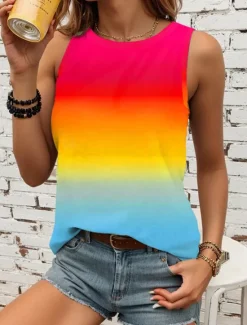 Sale Women's Camisole Tank Top Vest Stylish Ombre Print Sleeveless Regular Tops Crew Neck Vacation Casual Pink Sky Blue Khaki Rainbow Summer Women Tank Tops & Camis