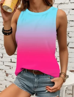 Sale Women's Camisole Tank Top Vest Stylish Ombre Print Sleeveless Regular Tops Crew Neck Vacation Casual Pink Sky Blue Khaki Rainbow Summer Women Tank Tops & Camis