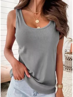 Women's Camisole Tank Top Plain Basic Sleeveless U Neck Regular Tops Casual Black White Pink Blue Khaki Women Tank Tops & Camis