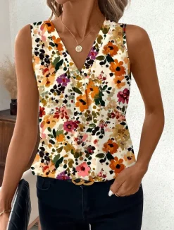 Sale Women's Camisole Tank Top Floral Graphic Stylish Casual Sleeveless V Neck Regular Tops Daily Print Maroon Yellow Orange Summer Women Tank Tops & Camis