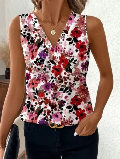 Sale Women's Camisole Tank Top Floral Graphic Stylish Casual Sleeveless V Neck Regular Tops Daily Print Maroon Yellow Orange Summer Women Tank Tops & Camis