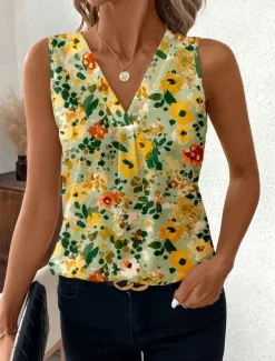 Sale Women's Camisole Tank Top Floral Graphic Stylish Casual Sleeveless V Neck Regular Tops Daily Print Maroon Yellow Orange Summer Women Tank Tops & Camis