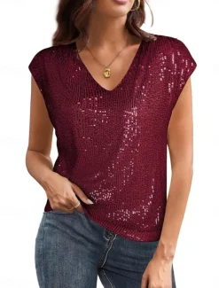 Best Women's Camisole Tank Top Solid Color Basic Casual Sleeveless V Neck Regular Tops Daily Sequins Black Wine Summer Spring Women Tank Tops & Camis