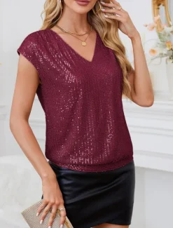 Best Women's Camisole Tank Top Solid Color Basic Casual Sleeveless V Neck Regular Tops Daily Sequins Black Wine Summer Spring Women Tank Tops & Camis