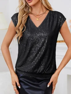 Best Women's Camisole Tank Top Solid Color Basic Casual Sleeveless V Neck Regular Tops Daily Sequins Black Wine Summer Spring Women Tank Tops & Camis