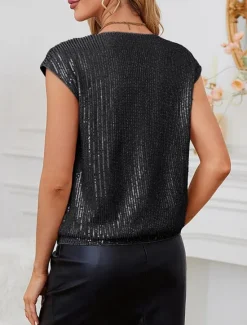 Best Women's Camisole Tank Top Solid Color Basic Casual Sleeveless V Neck Regular Tops Daily Sequins Black Wine Summer Spring Women Tank Tops & Camis