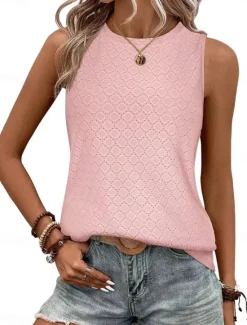 Clearance Women's Camisole Tank Top Solid Color Basic Casual Sleeveless Crew Neck Regular Tops Daily Eyelet Black Pink Wine Sky Blue Summer Women Tank Tops & Camis|Blouses & Shirts