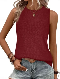 Clearance Women's Camisole Tank Top Solid Color Basic Casual Sleeveless Crew Neck Regular Tops Daily Eyelet Black Pink Wine Sky Blue Summer Women Tank Tops & Camis|Blouses & Shirts