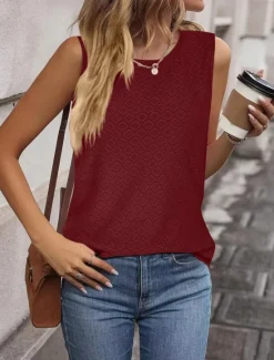 Clearance Women's Camisole Tank Top Solid Color Basic Casual Sleeveless Crew Neck Regular Tops Daily Eyelet Black Pink Wine Sky Blue Summer Women Tank Tops & Camis|Blouses & Shirts