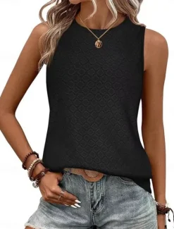 Clearance Women's Camisole Tank Top Solid Color Basic Casual Sleeveless Crew Neck Regular Tops Daily Eyelet Black Pink Wine Sky Blue Summer Women Tank Tops & Camis|Blouses & Shirts