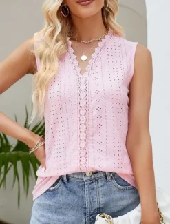 Sale Women's Camisole Tank Top Plain Stylish Casual Sleeveless V Neck Regular Tops Daily Lace Eyelet White Pink Summer Women Tank Tops & Camis