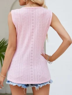 Sale Women's Camisole Tank Top Plain Stylish Casual Sleeveless V Neck Regular Tops Daily Lace Eyelet White Pink Summer Women Tank Tops & Camis
