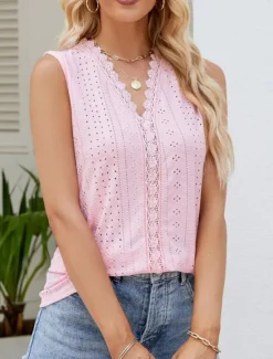Sale Women's Camisole Tank Top Plain Stylish Casual Sleeveless V Neck Regular Tops Daily Lace Eyelet White Pink Summer Women Tank Tops & Camis