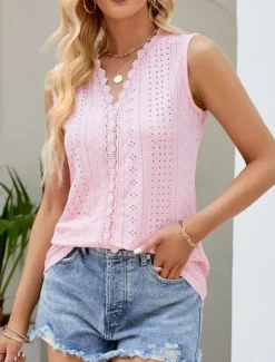 Sale Women's Camisole Tank Top Plain Stylish Casual Sleeveless V Neck Regular Tops Daily Lace Eyelet White Pink Summer Women Tank Tops & Camis