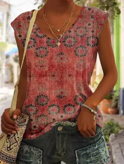 Online Women's Camisole Tank Top Casual Floral Print Sleeveless Regular Tops V Neck Vacation Daily Yellow Red Blue Purple Green Summer Women Tank Tops & Camis