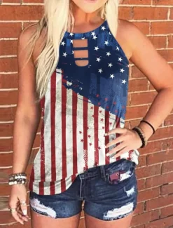 Online Women's Camisole Tank Top Flag Daily Casual Sleeveless Halter Neck Regular Tops Daily Print Denim Blue Red Navy Blue Royal Blue Blue Summer Women Independence Day Top