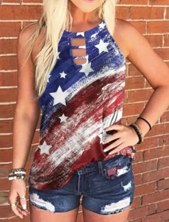Online Women's Camisole Tank Top Flag Daily Casual Sleeveless Halter Neck Regular Tops Daily Print Denim Blue Red Navy Blue Royal Blue Blue Summer Women Independence Day Top