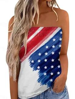 New Women's Camisole Tank Top Flag Daily Sexy Casual Sleeveless Strapless Regular Tops Daily Backless Print Wine Navy Blue Blue Summer Women Independence Day Top|Blouses & Shirts
