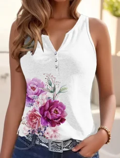 Online Women's Camisole Tank Top Basic Floral Buttons Print Sleeveless Regular Tops V Neck Casual Holiday Light Green Pink Fuchsia Green Light Blue Women Tank Tops & Camis|Spring Tops