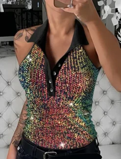 Discount Women's Camisole Tank Top Leopard Rainbow Leopard Buttons Sequin Daily Elegant V Neck Regular Fit S Women Tank Tops & Camis