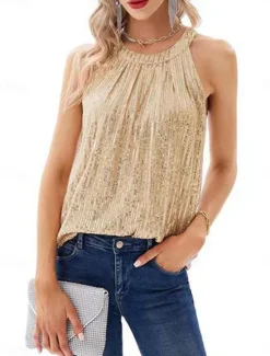 Outlet Women's Camisole Tank Top Camis Solid Color Sexy Casual Sleeveless Halter Neck Regular Tops Party Sequins Wine Fuchsia Gold Summer Women Tank Tops & Camis