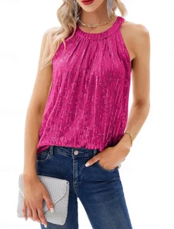 Outlet Women's Camisole Tank Top Camis Solid Color Sexy Casual Sleeveless Halter Neck Regular Tops Party Sequins Wine Fuchsia Gold Summer Women Tank Tops & Camis