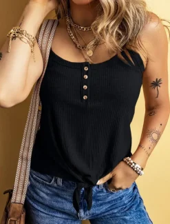New Women's Camisole Tank Top Solid Color Daily Stylish Casual Sleeveless Scoop Neck Regular Tops Daily Buttons Black Yellow Army Green Apricot Summer Spring Women Tank Tops & Camis
