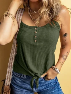 New Women's Camisole Tank Top Solid Color Daily Stylish Casual Sleeveless Scoop Neck Regular Tops Daily Buttons Black Yellow Army Green Apricot Summer Spring Women Tank Tops & Camis