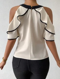 Clearance Women's Camisole Tank Top Solid Color Stylish Casual Short Sleeve Crew Neck Regular Tops Daily Ruffle Patchwork Summer Spring Women Blouses & Shirts