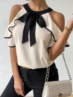 Clearance Women's Camisole Tank Top Solid Color Stylish Casual Short Sleeve Crew Neck Regular Tops Daily Ruffle Patchwork Summer Spring Women Blouses & Shirts
