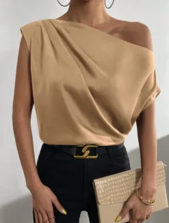 Best Women's Camisole Tank Top Solid Color Business Modern Casual Sleeveless Asymmetrical Regular Tops Work Formal Wear Black Pink Brown Green Beige Summer Spring Women Tank Tops & Camis
