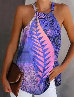Discount Women's Camisole Tank Top Boho Red Leaf Print Graphic Halter Neck Sleeveless Tank Ethnic Summer Stylish Casual Camisole Tank Top Women Tank Tops & Camis