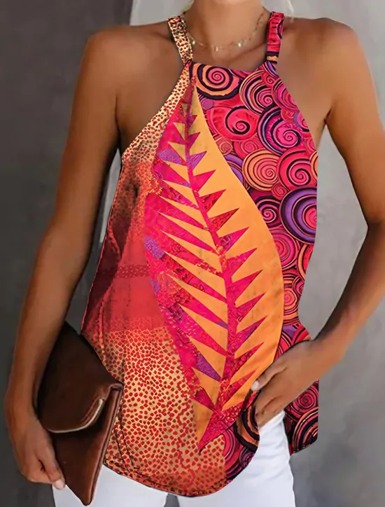 Discount Women's Camisole Tank Top Boho Red Leaf Print Graphic Halter Neck Sleeveless Tank Ethnic Summer Stylish Casual Camisole Tank Top Women Tank Tops & Camis