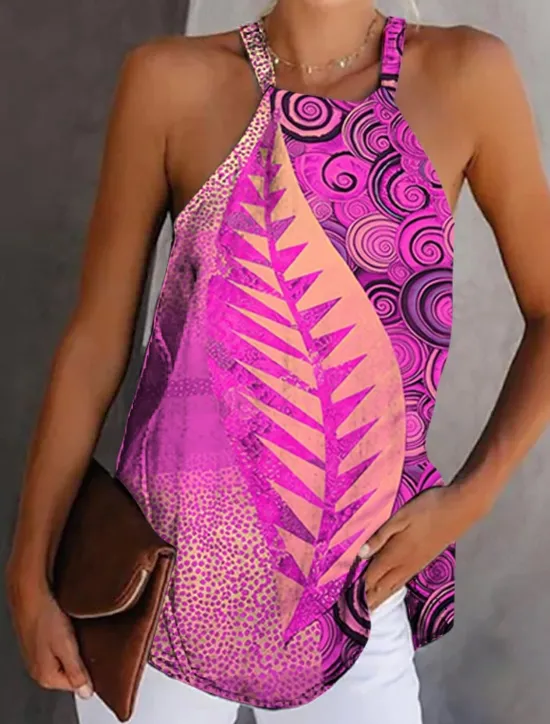 Discount Women's Camisole Tank Top Boho Red Leaf Print Graphic Halter Neck Sleeveless Tank Ethnic Summer Stylish Casual Camisole Tank Top Women Tank Tops & Camis