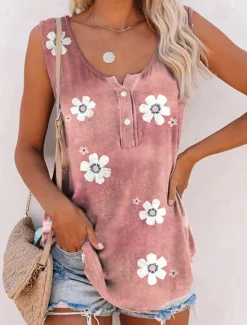 Clearance Women's Camisole Tank Top Camis Pink Blue Green Floral Button Print Sleeveless Daily Holiday Streetwear Casual V Neck Regular Floral Plus Size L Women Spring Tops|Tank Tops & Camis