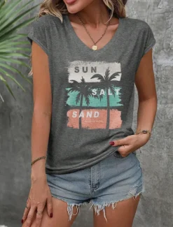 Discount Women's Camisole Tank Top Letter Casual Short Sleeve V Neck Regular Tops Work Daily Print Spring Fall Winter Women Tank Tops & Camis