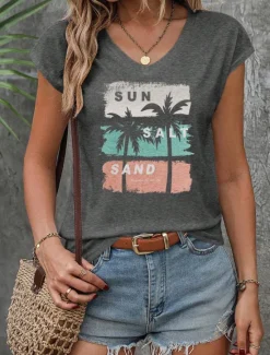 Discount Women's Camisole Tank Top Letter Casual Short Sleeve V Neck Regular Tops Work Daily Print Spring Fall Winter Women Tank Tops & Camis