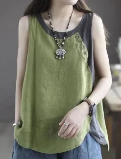 Outlet Women's Camisole Tank Top Color Block Vintage Daily Stylish Sleeveless Crew Neck Regular Tops Daily Buttons Pink Red Green Gray Summer Spring Women Tank Tops & Camis