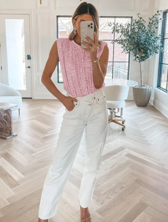 Discount Women's Camisole Tank Top Plain Sparkly Fashion Sleeveless Round Neck Regular Tops Casual Sequins Silver Black Pink Fuchsia Gold Summer Women Tank Tops & Camis