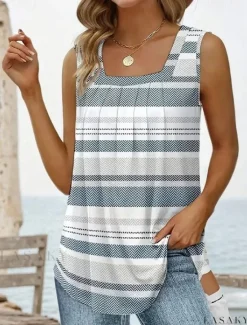 Best Women's Camisole Tank Top Graphic Geometric Striped Vintage Tropical Stylish Sleeveless Square Neck Regular Tops Daily Ruched Print Red Blue Dusty Blue Summer Spring Women Tank Tops & Camis